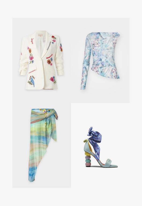 Blazer blanc avec broderies florales colorées, oiseau bleu et mots français comme "bonjour", "amour" et "mon ami" sur le devant et les manches.; Top asymétrique à manches longues dans un motif abstrait bleu et rose, présentant une texture froncée et un col rond. Fabriqué en tissu léger.; Jupe portefeuille asymétrique en voile avec un motif dégradé bleu, vert et beige, fixée avec une ceinture décorative perlée et une boucle ronde.; Sandale à talon haut bleu clair avec talon en forme de macaron pastel et ruban violet à pois pour attacher à la cheville.