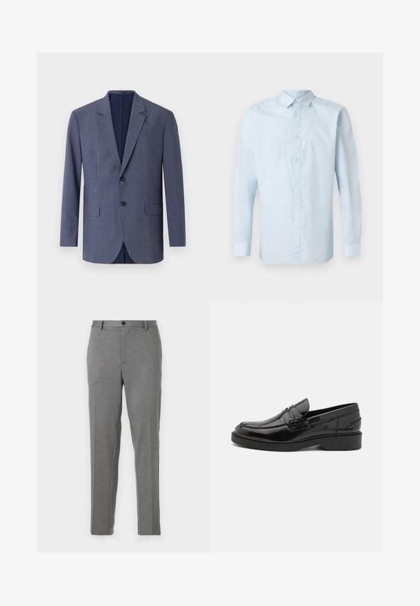 Blazer bleu marine en tissu texturé, présentant un motif à carreaux subtil, deux poches avant et deux boutons sur le devant.; Chemise à manches longues bleu clair en tissu lisse, avec un devant à boutons, un col standard et des poignets à boutons.; Pantalons gris ajustés avec une texture lisse, un léger motif, une fermeture éclair et un bouton, dotés de poches avant et de jambes fuselées.; Mocassins en cuir noir avec une finition lisse, un bout rond, un petit talon et descoutures décoratives à l'avant. Semelle en caoutchouc pour l'adhérence.