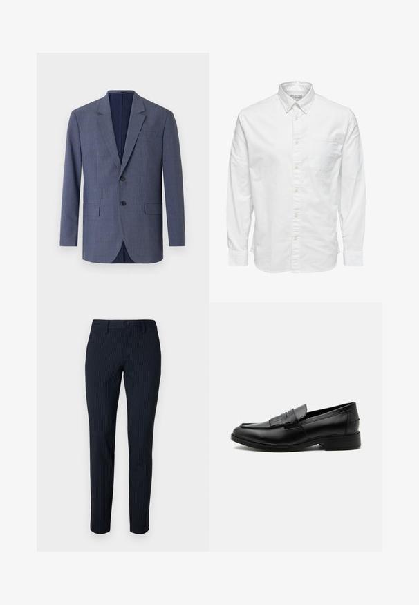 Blazer bleu marine en tissu texturé, présentant un motif à carreaux subtil, deux poches avant et deux boutons sur le devant.; Chemise blanche à manches longues avec boutons, col et poche poitrine, étiquetée « Selected Homme » à l'intérieur du col.; Pantalon marine avec de fines rayures verticales, fabriqué en tissu lisse. Comprend une fermeture à bouton et une coupe ajustée avec des jambes droites.; Mocassin homme en cuir noir avec détail pompon, bout arrondi, talon bas et finition polie lisse, montré de profil sur fond blanc.