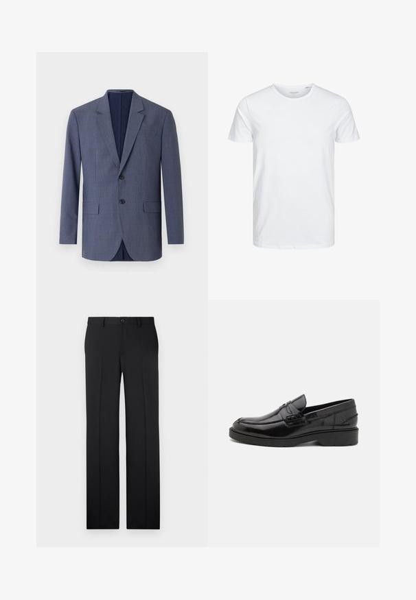 Blazer bleu marine en tissu texturé, présentant un motif à carreaux subtil, deux poches avant et deux boutons sur le devant.; T-shirt à col rond à manches courtes de couleur blanche unie, fabriqué en coton doux, avec un design simple sans motifs ni accents visibles.; Pantalons noirs ajustés avec une coupe droite, en tissu lisse, avec des plis avant et une fermeture à bouton unique à la taille.; Mocassins en cuir noir avec une finition lisse, un bout rond, un petit talon et descoutures décoratives à l'avant. Semelle en caoutchouc pour l'adhérence.