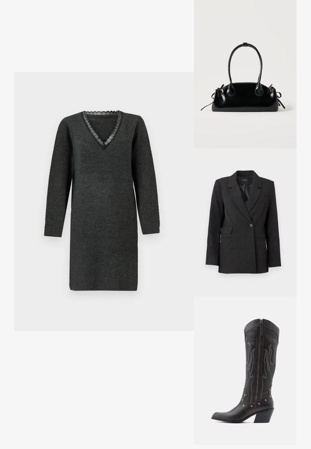 Blazer gris foncé à bouton unique avec revers, manches longues, poches à rabat et doublure intérieure lisse.; Robe tricotée à manches longues gris foncé avec un décolleté en V, ornée d'une délicate bordure en dentelle le long du col.; Bottes de cowboy en cuir marron avec surpiqûres en forme de flammes, fermeture éclair latérale, clous argentés, bout pointu et talon superposé.; Petit sac à main noir brillant avec deux longues anses et des détails à cordon sur les côtés sur un fond clair uni.