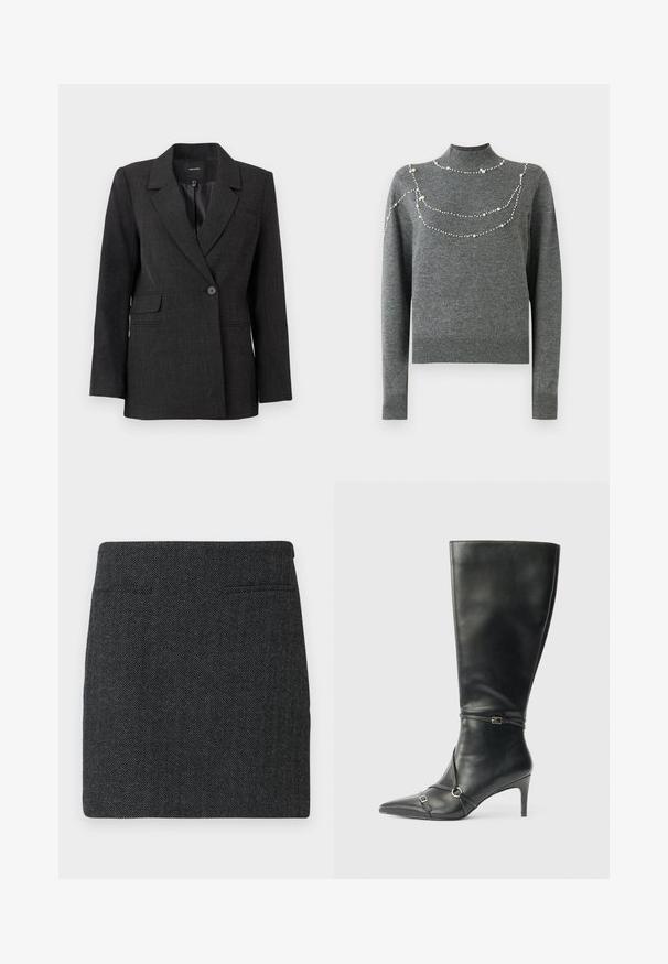 Blazer gris foncé à bouton unique avec revers, manches longues, poches à rabat et doublure intérieure lisse.; Pull en tricot gris avec un col montant et des manches longues. Il présente des motifs décoratifs en perles sur la poitrine de tailles différentes.; Mini-jupe à motif pied-de-poule en tissu gris foncé, dotée de deux poches latérales et d'une forme simple et droite sans embellissements.; Bottes noires en cuir montant jusqu'au genou, avec un talon fin, un bout pointu et des détails de lanière à la cheville. Texture lisse et design ajusté.