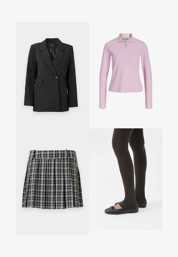 Mørkegrå ensfarvet blazer med slagkrave, lange ærmer, klaplommer og en glat inderforing.; Langærmet, lyserød ribbet poloshirt med krave og tre knapper, vist på hvid baggrund.; Sort-hvidt ternet plisseret nederdel med en glat talje og flere lodrette folder. Fremstillet af let stof.; Ben iført mørke ribbede leggings kombineret med sorte balletsko med små sløjfedetaljer på hvid baggrund.