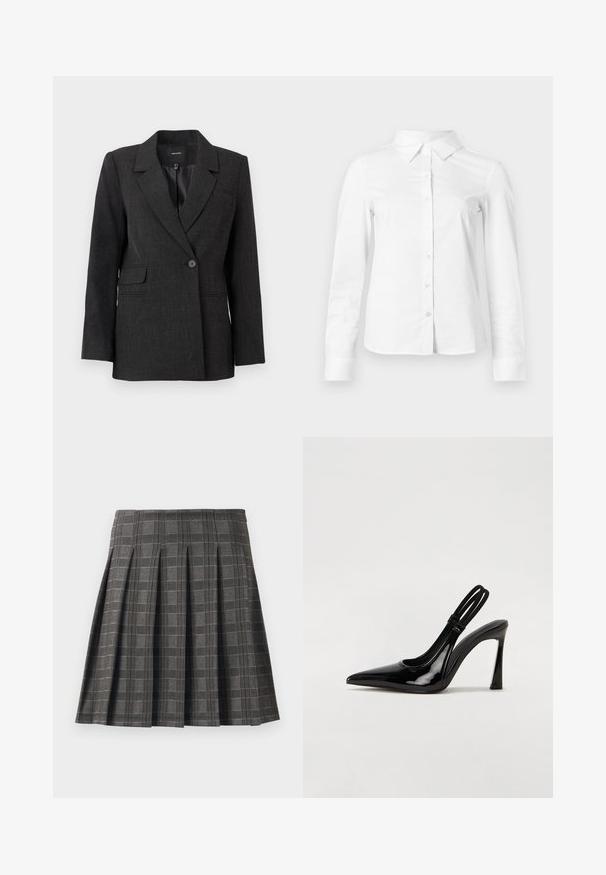 Donkergrijze blazer met één knoop, met notched lapels, lange mouwen, klepzakken en een gladde binnenvoering.; Witte blouse met lange mouwen en knopen, met puntige kraag, rechte zoom en aansluitende silhouet, weergegeven op een effen lichte achtergrond.; Plissé rok in een grijs ruitpatroon, gemaakt van een gestructureerde stof. Kenmerkt zich door verticale plooien en een rechte zoom.; Zwarte gepatineerde leren slingback pump met puntige neus, slanke hoge hak en dubbele elastische band voor een veilige pasvorm. Gladde, glanzende oppervlakte.
