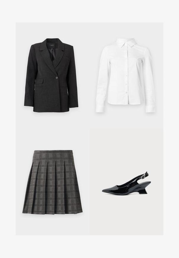 Mørkegrå ensfarvet blazer med slagkrave, lange ærmer, klaplommer og en glat inderforing.; Hvid skjorte med lange ærmer, knapper, spids krave, lige kant og tætsiddende silhuet, vist på en ensartet lys baggrund.; Plisseret nederdel i et gråt ternet mønster, lavet af et tekstureret stof. Har lodrette pliser og en lige kant.; Sort laklæder slingback sko med spids tå og lav vinklet blokhæl på ensartet lys baggrund.
