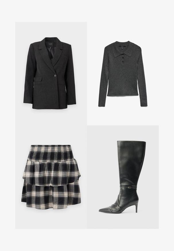 Donkergrijze blazer met één knoop, met notched lapels, lange mouwen, klepzakken en een gladde binnenvoering.; Donkergrijs geribd poloshirt met lange mouwen en kraag, voorzien van drie zwarte knopen bij de halslijn en een iets cropped zoom.; Zwart-wit geruite tiered rok met smock tailleband. Heeft gerimpelde lagen en een zachte katoentextuur.; Zwarte leren kniehoge laarzen met een slanke hak, puntige neus en banddetail bij de enkel. Gladde textuur en aansluitend ontwerp.