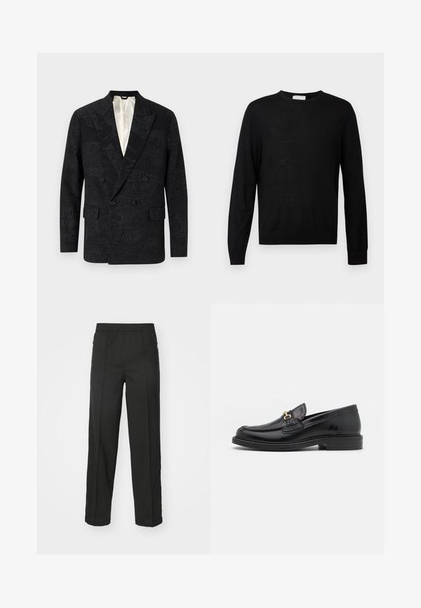 Sort dobbeltradet blazer med tekstureret stof og diskrete mønstre, skrå kraver og to forlommer. Foret indvendig.; Sort langærmet sweater lavet af blødt stof, med rund halsudskæring, ribbede manchetter og lige kant. Minimalistisk design, ingen mønstre.; Sorte bukser lavet af strækbart stof, med lige snit, sidelommer med lynlås og en glat tekstur uden synlige mønstre.; Sorte læder loafers med en rund tå, der har guld hardware accent og syningsdetaljer, placeret på en lav, tekstureret gummisål.