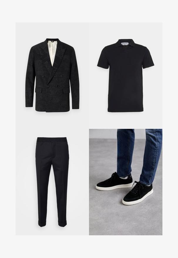 Sort dobbeltradet blazer med tekstureret stof og diskrete mønstre, skrå kraver og to forlommer. Foret indvendig.; Sort kortærmet polo-shirt med klassisk krave, lavet af glat stof. Har et mærke med brandnavnet 'Filippa K' ved halsudskæringen.; Sorte bukser lavet af letvægtsstof, med elastisk talje, sidelommer og oprevne kant. Glat tekstur med frontvendinger.; Sorte ruskind sneakers med en hvid gummisål, der har et klassisk low-top design, rundt tå og flade sorte snørebånd.