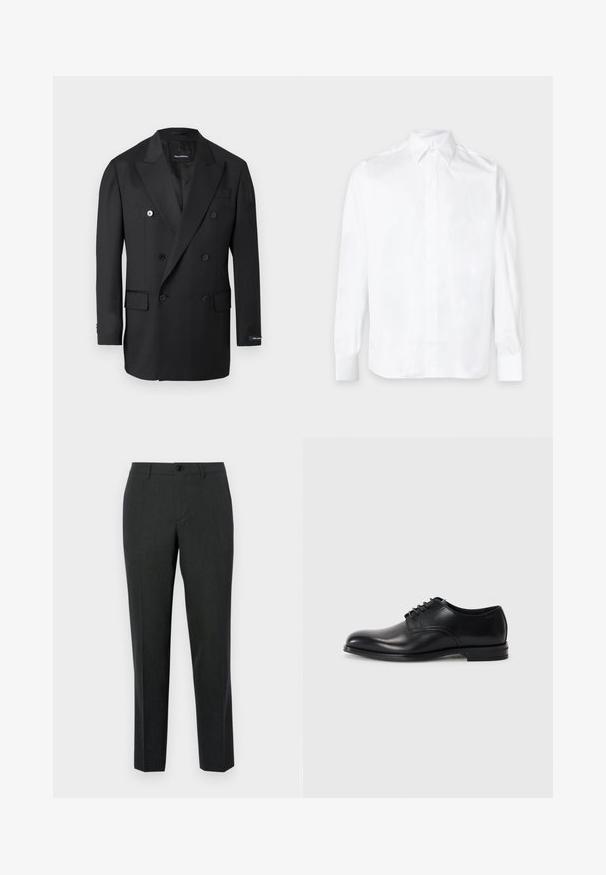 Blazer noir croisé à revers crantés, six boutons, poches à rabat et une étiquette sur la manche gauche.; Chemise blanche à manches longues avec col pointu et poignets boutonnés, posée à plat sur un fond clair.; Pantalons gris foncé sur mesure, fabriqués en tissu lisse, avec une coupe droite, des poches avant et une fermeture à un bouton.; Chaussure habillée en cuir noir avec un bout arrondi, un lacet, une texture lisse et une semelle en caoutchouc basse. Détails de couture minimaux.