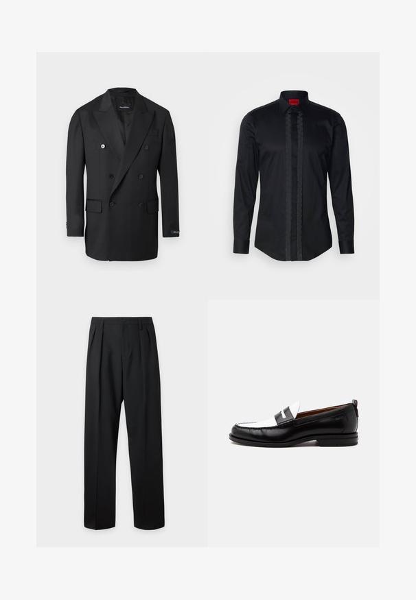 Blazer noir croisé à revers crantés, six boutons, poches à rabat et une étiquette sur la manche gauche.; Chemise noire à manches longues en coton avec un plastron texturé à l'avant, dotée d'un col pointu et d'une fermeture à boutons. Étiquette HUGO rouge.; Pantalon noir taille haute, sur-mesure, avec passants pour ceinture, plis sur le devant, fermeture par bouton et jambes droites larges sur fond clair.; Mocassin en cuir noir et blanc avec des détails cousus, un petit talon et un design slip-on, présenté de profil sur un fond uni.