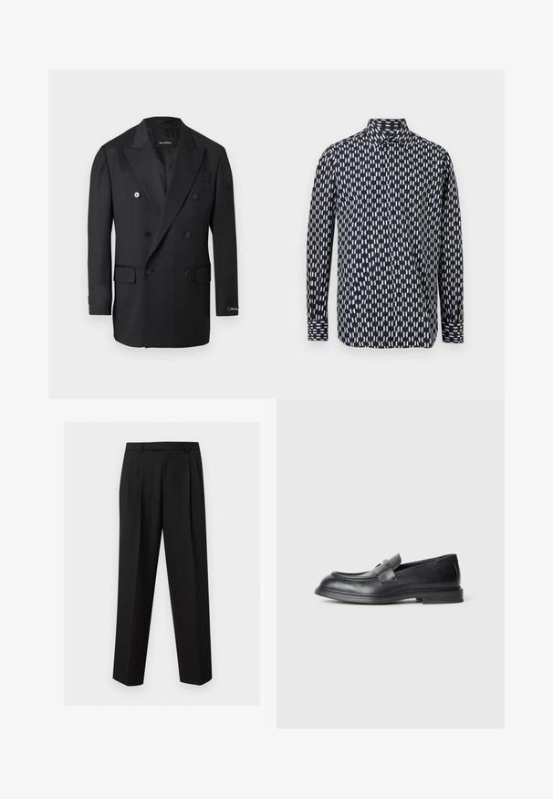 Blazer noir croisé à revers crantés, six boutons, poches à rabat et une étiquette sur la manche gauche.; Chemise noire à col avec manches longues, motif géométrique en forme d'éclair blanc, poignets à boutons, et fermeture à boutons sur le devant.; Pantalon noir sur mesure avec jambes droites, plis à la taille, passants de ceinture et poches latérales fendues, présenté sur un fond uni.; Mocassins en cuir noir avec une finition texturée, dotés d'une bride décorative à l'avant et d'un bout arrondi. Semelle en caoutchouc pour plus de durabilité.