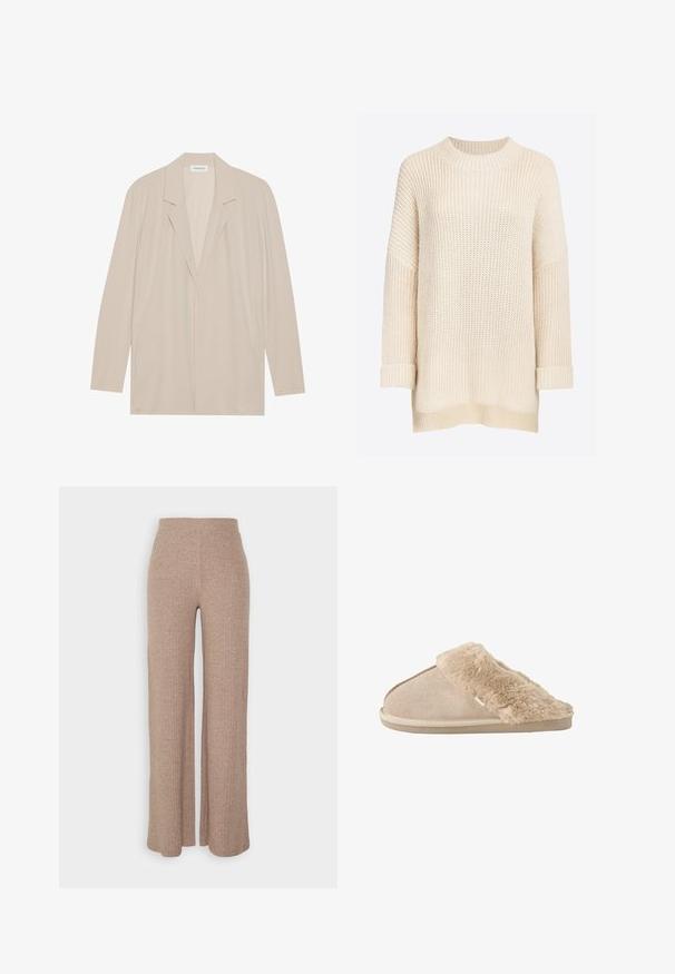 Beige blazer met een open voorkant van lichtgewicht stof. Kenmerken zijn lange mouwen, gelapte revers en zijzakken. Soepele textuur, minimalistisch ontwerp.; Ivan crèmekleurige gebreide trui met een geribbelde ronde hals, verlaagde schouders, lange mouwen en opgerolde manchetten. Zachte, gestructureerde gebreide stof.; Beige geribbelde wijde broek met een hoge tailleband en zachte textuur, met een losse pasvorm en zonder zichtbare sluitingen.; Beige instappantoffel met zachte suède buitenkant en een zachte, pluizige voering en boord, ontworpen voor binnencomfort.