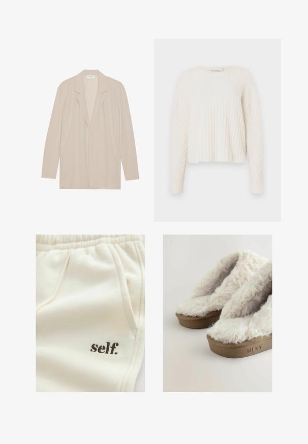 Beige blazer met een open voorkant van lichtgewicht stof. Kenmerken zijn lange mouwen, gelapte revers en zijzakken. Soepele textuur, minimalistisch ontwerp.; CLOSED CREW NECK - Trui - ecru; Crèmekleurige katoenen joggingbroek met een zachte textuur, elastische tailleband, zijzakken en "self." geborduurd in het bruin.; Bruine platformslippers met zachte, fluffige crèmekleurige nepbont bovenkant, met de merknaam "NEXT" in reliëf op de zijkant van de zool.