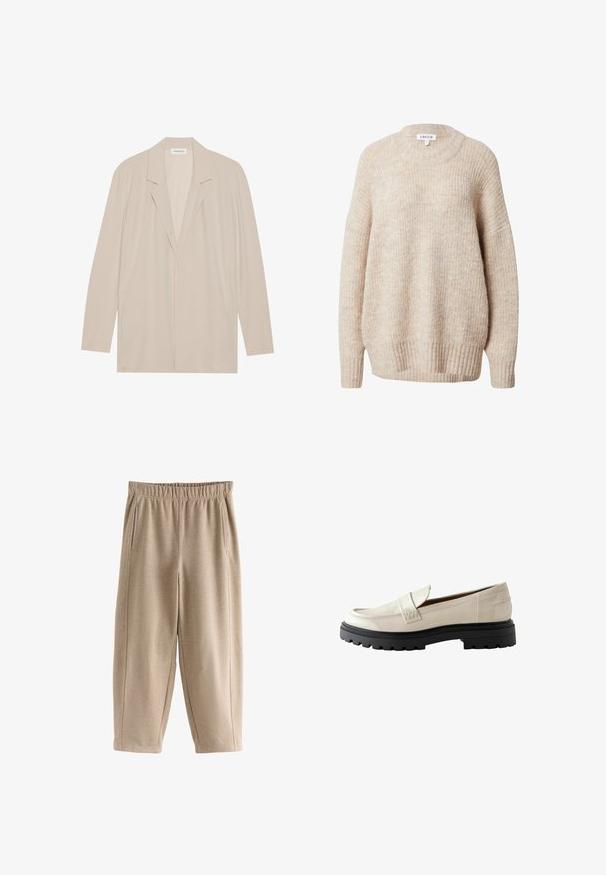 Beige blazer met een open voorkant van lichtgewicht stof. Kenmerken zijn lange mouwen, gelapte revers en zijzakken. Soepele textuur, minimalistisch ontwerp.; Beige gebreide trui met een ronde hals, verlaagde schouders en geribbelde manchetten en zoom. Heeft een gestructureerde, licht losse pasvorm.; Next REGULAR FIT - SOFT BRUSHED FINISH BARREL LEG - Trainingsbroek - mocha brown; Crème patenten leren loafers met een ronde neus, een gestikte accent op de schacht en een chunky zwarte rubberen zool met profieldetails.