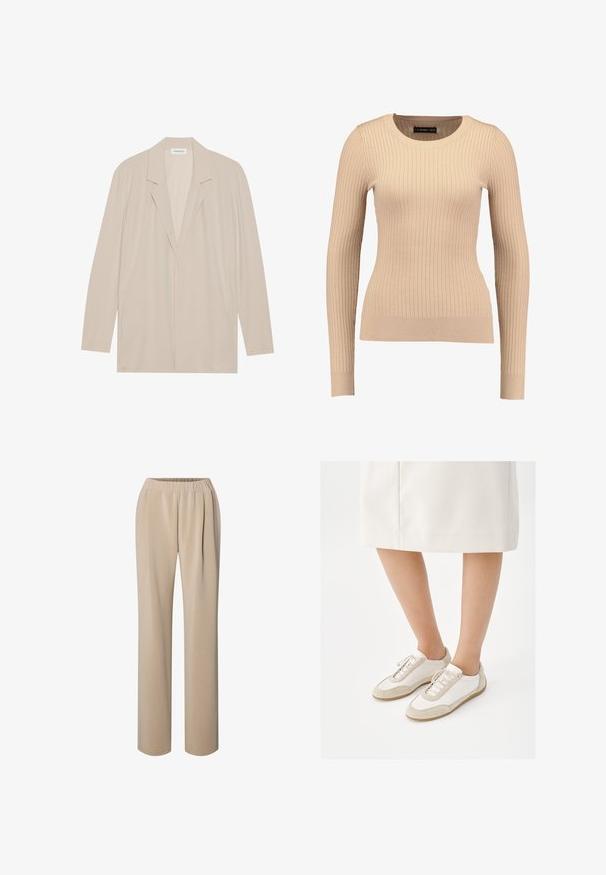 Beige blazer met een open voorkant van lichtgewicht stof. Kenmerken zijn lange mouwen, gelapte revers en zijzakken. Soepele textuur, minimalistisch ontwerp.; Geribbelde lange mouwen trui in lichtbeige, gemaakt van rekbaar materiaal. Kenmerkt zich door een ronde halslijn en een getailleerde pasvorm met gebande mouwen.; Beige broek met rechte pijpen, een elastische tailleband en plooien aan de voorkant voor een ontspannen pasvorm.; Persoon die witte sneakers met beige suède accenten draagt en een witte rok tot op de knie, staande tegen een witte achtergrond.