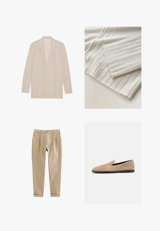 Beige åben front blazervest lavet af letvægtsstof. Har lange ærmer, spidse revers og sidelommer. Glat tekstur, minimalistisk design.; Ribbede striktrøje i lys beige. Har en blød tekstur med lodrette linjer og en foldet manchet. Materialet ser hyggeligt og varmt ud.; Beige bukser med lige ben, bæltestropper, sidelommer, knaplukning, lynlåsgylp og opbukket kant.; Beige ruskind slip-on loafer med sort sål, lav hæl og rund tå, vist fra siden på hvid baggrund.
