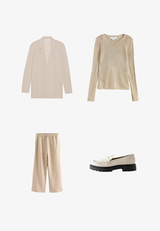 Beige blazer met een open voorkant van lichtgewicht stof. Kenmerken zijn lange mouwen, gelapte revers en zijzakken. Soepele textuur, minimalistisch ontwerp.; Beige geribbelde lange mouw gebreide trui met ronde hals en slim fit, plat weergegeven met label zichtbaar bij de kraag.; Crème-kleurige wijde broek gemaakt van een zachte katoenmix. Heeft een elastische tailleband met trekkoord en een subtiele gespikkelde textuur.; Beige gepatineerde leren loafers met een ronde neus, dikke zwarte rubberen zool en een gestikte accent over de voorkant.