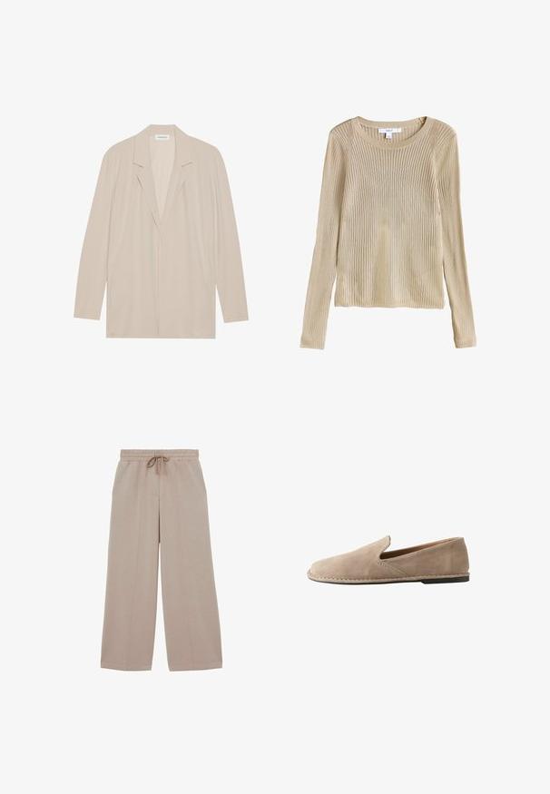 Beige åben front blazervest lavet af letvægtsstof. Har lange ærmer, spidse revers og sidelommer. Glat tekstur, minimalistisk design.; Beige ribstrikket langærmet sweater med rund halsudskæring og slim fit, vist fladt med synligt mærke ved kraven.; Beige bukser med vide ben, elastisk talje og snøre, med detaljer ved front-sømmen og afslappet pasform.; Beige ruskind slip-on loafers med rund tå, lav flad hæl, syet sål og elastisk sideindsats for nem påtagning.