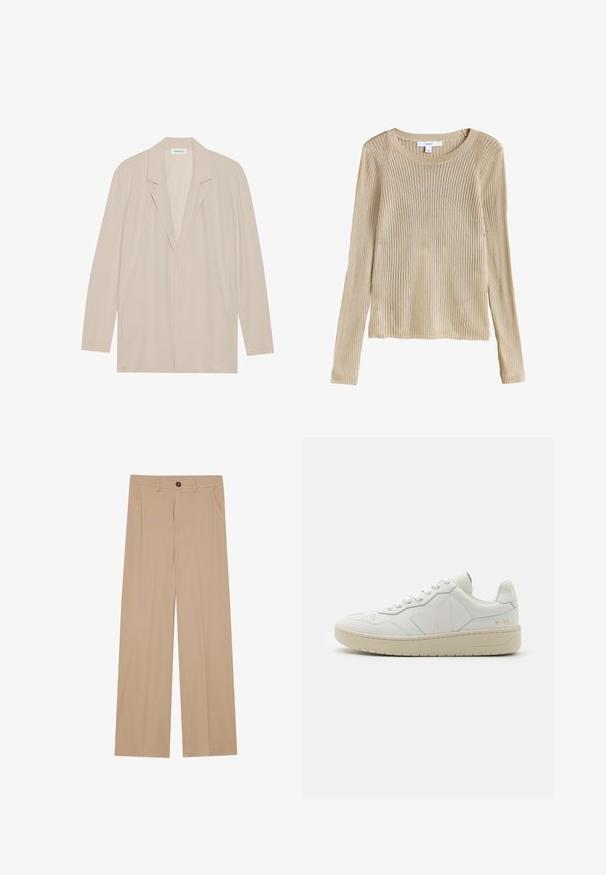 Beige blazer met een open voorkant van lichtgewicht stof. Kenmerken zijn lange mouwen, gelapte revers en zijzakken. Soepele textuur, minimalistisch ontwerp.; Beige geribbelde lange mouw gebreide trui met ronde hals en slim fit, plat weergegeven met label zichtbaar bij de kraag.; Beige wijde broek met een gladde textuur, voorzien van twee zijzakken, een frontale knoopsluiting en subtiele plooien voor een extra detail.; Witte leren sneakers met geperforeerde teendoos, contrasterende beige rubberen zool en logo-accenten op de zijkant en hiel. Minimalistisch ontwerp.