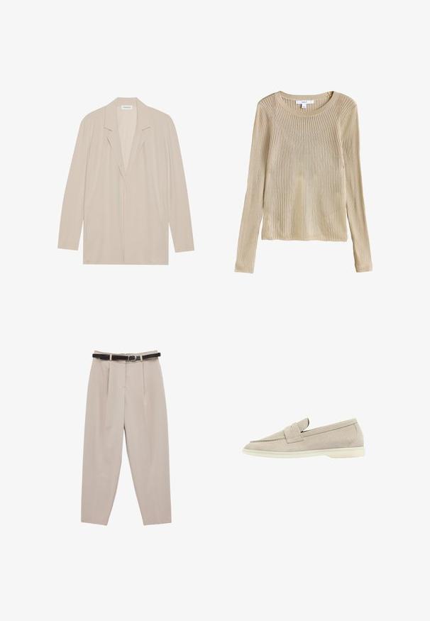 Beige blazer met een open voorkant van lichtgewicht stof. Kenmerken zijn lange mouwen, gelapte revers en zijzakken. Soepele textuur, minimalistisch ontwerp.; Beige geribbelde lange mouw gebreide trui met ronde hals en slim fit, plat weergegeven met label zichtbaar bij de kraag.; Beige hoge taille broek met plooien en een smalle zwarte riem met een zilveren gesp op een witte achtergrond.; Lichtbeige suède instapper met een lage witte zool, ronde neus en een gestikt bandje over de bovenkant.