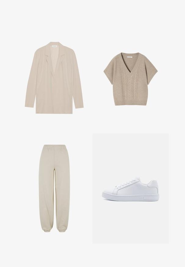 Beige Blazer mit offenem Vorderteil aus leichtem Stoff. Mit langen Ärmeln, Reverskragen und Seitentaschen. Glatte Textur, minimalistisches Design.; Beige gestrickter Pullover mit V-Ausschnitt und kurzen Ärmeln, der ein Zopfmuster entlang der Vorderseite und einen Rippenbund aufweist.; Beige Freizeithose mit elastischem Bund und Bündchen, locker sitzend und mit glatter Stoffstruktur.; Weiße Leder Sneaker in niedrigem Schnitt mit runder Zehenpartie, flacher Gummisohle und Logodetail an der Seite. Verfügt über sechs Paar Ösen und strukturierte Akzente.