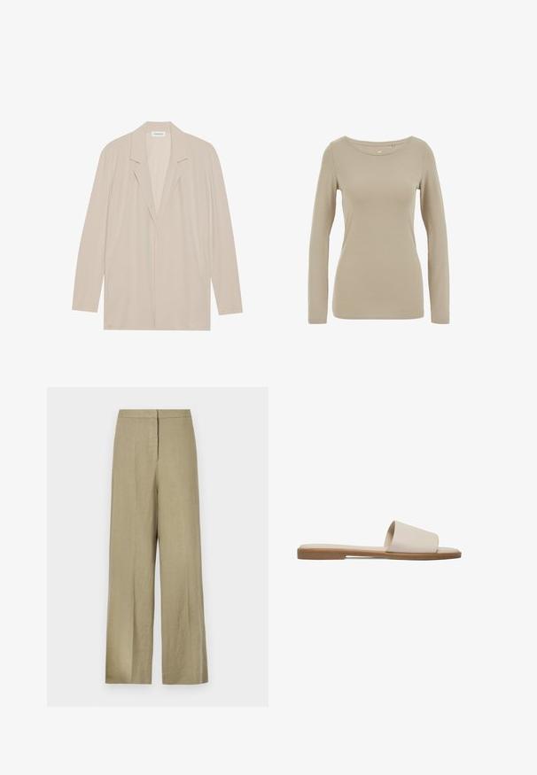 Beige Blazer mit offenem Vorderteil aus leichtem Stoff. Mit langen Ärmeln, Reverskragen und Seitentaschen. Glatte Textur, minimalistisches Design.; Beiges Langarmshirt mit rundem Ausschnitt, weichem Stretchstoff, figurbetonter Passform und glatter Oberfläche; ohne sichtbare Muster oder Akzente.; Hellgrüne, hosen mit weitem Bein aus Leinen. Mit hoher Taille und schlichter Vorderseite mit einer einzelnen Falte.; Flache Slide-Sandale mit cremefarbenem Lederobermaterial und brauner Sohle, minimalistisches Design, zum Hineinschlüpfen, legere Schuhe.