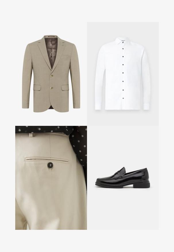 Blazer beige en tissu texturé, design à un bouton, deux poches avant et deux boutons. Doublé d'une teinte plus foncée.; Chemise blanche à manches longues en coton, avec un col classique, une fermeture à boutons noirs et des poignets boutonnés. Texture lisse avec un design minimal.; Pantalon beige en tissu texturé avec une poche arrière fermée par un bouton noir. Finitions de couture discrètes le long de la poche.; Mocassins en cuir noir avec un embout arrondi, présentant un détail cousu sur le dessus, et un petit talon carré. Texture lisse et finition brillante.