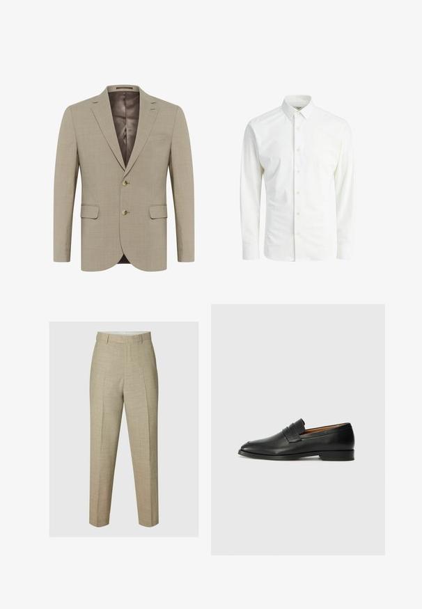 Beige blazer met een gestructureerde stof, eencilinderontwerp, twee voorkruiszakken en twee knopen. Gevoerd in een donkerdere tint.; Lichtgewicht witte blouse met lange mouwen van soepel stof, met een klassieke kraag, knoopsluiting en standaard manchetten. Geen patronen of accenten.; Beige op maat gemaakte broek met voorvouw, riemlussen en rechte pijp, weergegeven op een neutrale achtergrond.; Zwarte leren instapper met een ronde neus, subtiele stikdetails en een lage hak, met een gladde textuur en een minimalistisch ontwerp.