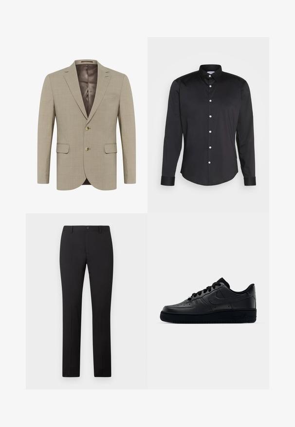 Beige blazer met een gestructureerde stof, eencilinderontwerp, twee voorkruiszakken en twee knopen. Gevoerd in een donkerdere tint.; Zwarte lang-sleeve shirt van gladde stof, met een puntige kraag, sluiting met knopen aan de voorkant met witte knopen, en manchetten met één knoop.; Zwarte, op maat gemaakte broek met een rechte pijp, voorzien van een knoopsluiting en riemlussen. Gemaakt van gladde stof zonder zichtbare patronen.; Zwarte Nike Air Force 1 sneaker met een gladde leren bovenkant, geperforeerde neus voor ademend vermogen, zwarte veters en een getextureerde rubberen zool.