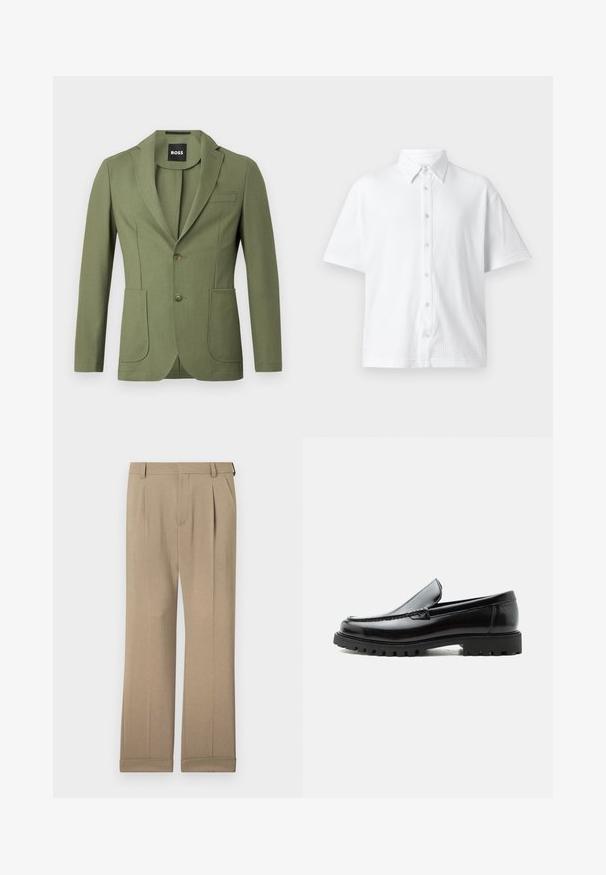 Olivenfarvet skræddersyet herreblazer med notch-lapel, to knapper, to forreste påsatte lommer og en brystlomme med welt.; Hvid kortærmet skjorte med knapper lavet af tekstureret stof, med en klassisk krave og et linjemønster. Seks knapper langs forsiden.; Beige bukser lavet af letvægtigt stof, med et lige ben-design, dobbelte folder og opfoldede kanter for en afslappet pasform.; Sort læderloafer med chunky gummisål, syet overdel og præget mærkenavn på hælen, vist i sideprofil på hvid baggrund.