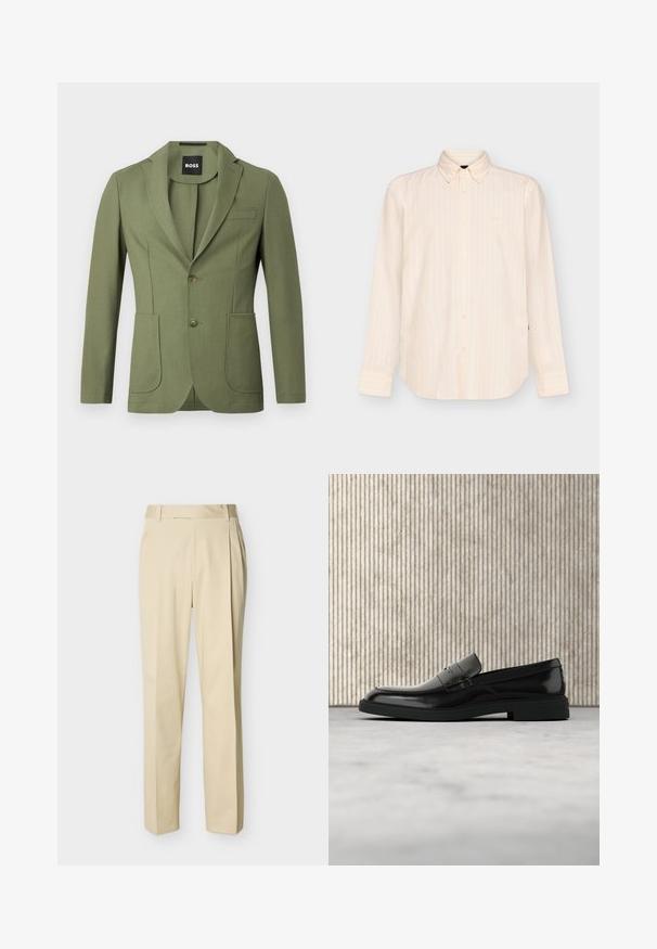 Olijfgroene getailleerde mannenblazer met notch lapels, twee knopen, twee voorzakken en een borstzak.; Beige overhemd met lange mouwen en knopen, met subtiele verticale strepen en een klassieke kraag, afgebeeld op een eenvoudige lichte achtergrond.; Beige rechte broek met ceintuurlussen en voorkleppen op een effen lichte achtergrond.; Zwarte gepolijste leren loafer die boven een beige tapijt zweeft met oranje doorschijnend meubilair op de achtergrond.