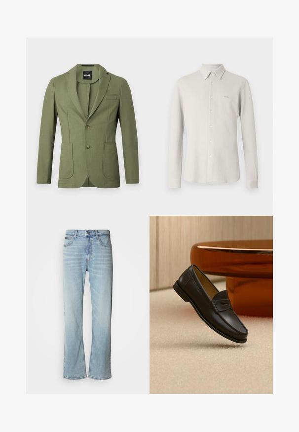 Blazer de hombre en verde oliva, ajustado, con solapas de muesca, dos botones, dos bolsillos frontales tipo parche y un bolsillo en el pecho.; Camisa gris claro con botones, tela texturizada, cuello y mangas largas; presenta un sutil logo "BOSS" en el pecho.; Jeans de mezclilla azul claro con corte recto, que cuentan con cinco bolsillos, un cierre de botón y un ligero desvanecimiento en la tela.; Zapato mocasín de cuero negro suspendido sobre una alfombra beige con muebles modernos de color ámbar en el fondo.