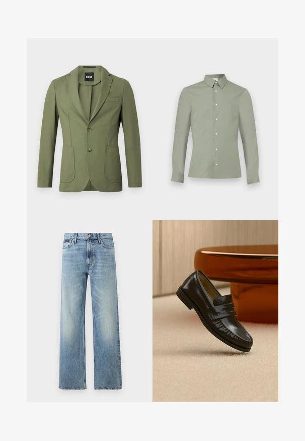 Olivgrüner maßgeschneiderter Herrenblazer mit Revers, zwei Knöpfen, zwei aufgesetzten Taschen vorne und einer Brusttasche.; Hellgrünes Langarmhemd mit Knopfkragen und weißen Knöpfen, dargestellt auf weißem Hintergrund.; Hellblaue Jeans mit geradem Bein, hohem Bund, fünf Taschen, Knopfverschluss und dezentem Verblassen an Oberschenkeln und Knien.; Glänzender schwarzer Leder-Loafer mit einem Riemendetail, auf einem beigen Teppich neben einem runden braunen Couchtisch in einem sanft beleuchteten Raum platziert.