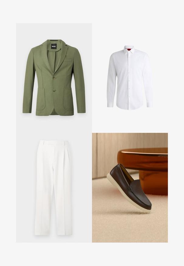 Olijfgroene getailleerde mannenblazer met notch lapels, twee knopen, twee voorzakken en een borstzak.; Witte overhemden van soepel materiaal met een klassieke kraag, lange mouwen en een afgeronde zoom. Voorzien van beige knopen aan de voorkant.; Witte op maat gemaakte broeken met een recht model, voorzien van plooien, een platte voorkant en een gladde stofstructuur. Geen zichtbare zakken of accenten.; Donkerbruine leren loafer met een gestructureerd bovenwerk en een witte zool, gepositioneerd op een beige tapijt naast een glanzende bruine ronde tafel.