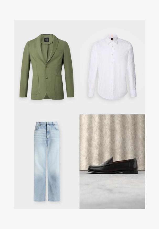 Olijfgroene getailleerde mannenblazer met notch lapels, twee knopen, twee voorzakken en een borstzak.; Witte langwerpige overhemd met lange mouwen van katoen, met een klassieke kraag, een subtiel logo dicht bij de borst en witte knopen.; Lichtblauwe, hoog getailleerde, rechte jeans met voorzakken, riemlussen en een knoopsluiting.; Zwarte leren penny loafer met lage hak, afgeronde neus en gestikte details langs de voorkant en zijkanten, afgebeeld op een neutrale achtergrond.