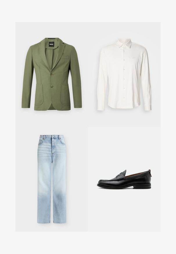 Blazer pour homme de couleur vert olive, ajusté, avec revers en pointe, deux boutons, deux poches plaquées à l'avant et une poche poitrine à rabat.; Chemise blanche à manches longues en tissu doux, dotée d'un col à boutons et d'un logo brodé sur la poitrine. Texture lisse, design classique.; Jeans bleu clair taille haute à jambes droites, avec poches avant, passants de ceinture et fermeture par bouton.; Mocassin homme en cuir noir avec couture moc toe, bride penny, col texturé et petit talon empilé sur fond blanc.
