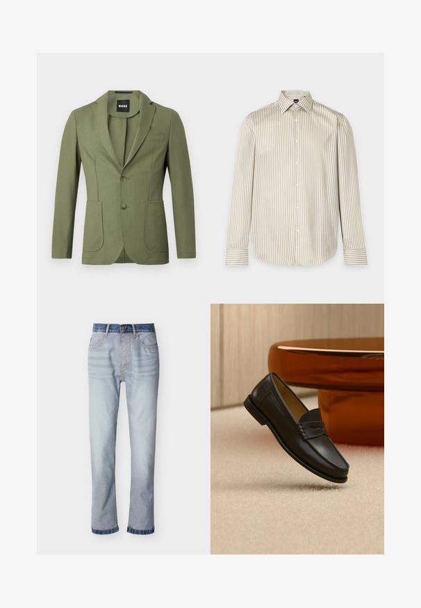 Olijfgroene getailleerde mannenblazer met notch lapels, twee knopen, twee voorzakken en een borstzak.; Beige en wit met verticale strepen, overhemd met lange mouwen, knoopjes, puntkraag en knoopmanchetten, getoond op een effen achtergrond.; Lichtblauwe spijkerbroek met een donkerblauwe tailleband, rechte pijp, vijf zakken en zichtbare stiksel details.; Zwarte leren loaferschoen zwevend boven een beige tapijt met amberkleurige moderne meubels op de achtergrond.
