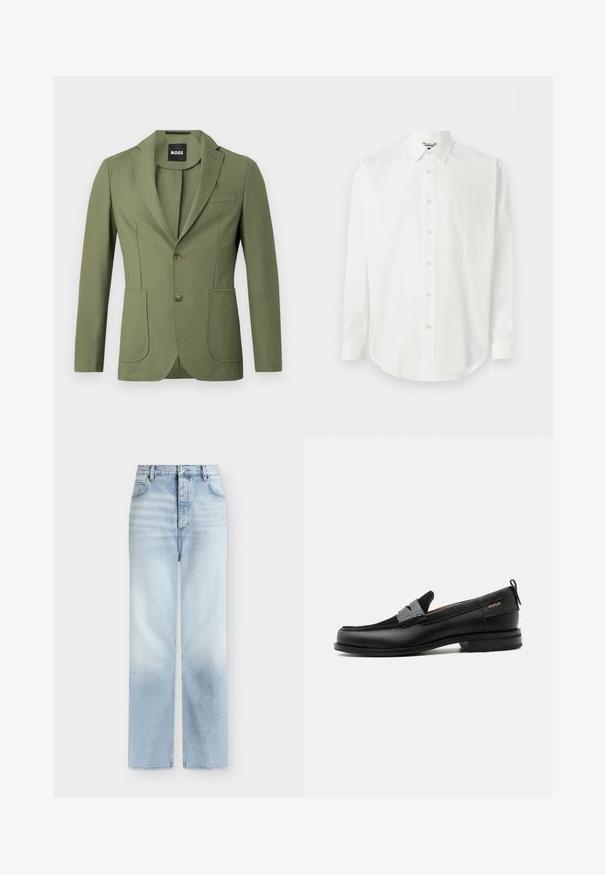 Blazer de hombre en verde oliva, ajustado, con solapas de muesca, dos botones, dos bolsillos frontales tipo parche y un bolsillo en el pecho.; Camisa blanca de vestir de manga larga con cierre de botones en el frente, cuello clásico y puños, presentada sobre un fondo claro y liso.; Vaqueros azul claro de talle alto y pierna recta con bolsillos delanteros, trabillas para cinturón y cierre de botón.; Mocasín de cuero negro con detalle de tira gris, tacón bajo y suela texturizada, con la marca "HUGO" en oro en el lateral.