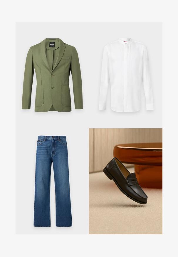 Olijfgroene getailleerde mannenblazer met notch lapels, twee knopen, twee voorzakken en een borstzak.; Wit overhemd met lange mouwen, een bandkraag en een verborgen knoopsluiting, afgebeeld tegen een effen lichte achtergrond.; Blauwe high-waisted jeans met rechte pijpen, voorzien van een knoop- en ritssluiting aan de voorkant, vijf zakken en een klein merklabel op de rechterzak.; Zwarte leren loaferschoen zwevend boven een beige tapijt met amberkleurige moderne meubels op de achtergrond.