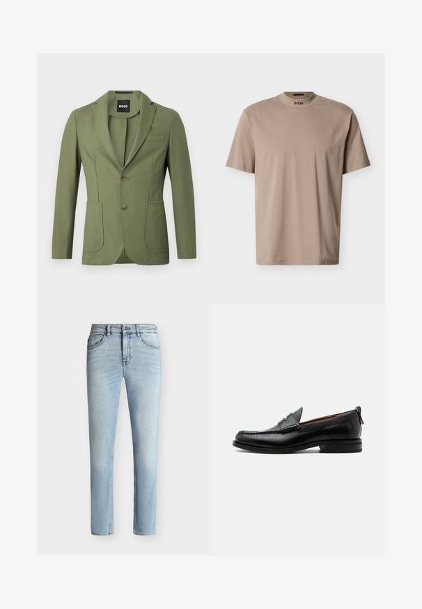 Olijfgroene getailleerde mannenblazer met notch lapels, twee knopen, twee voorzakken en een borstzak.; Beige T-shirt met korte mouwen en een hoge ronde hals, met "BOSS"-logo op de kraag. Gemaakt van zachte stof met een gladde textuur.; Lichtblauwe slim-fit spijkerbroek met knoop en rits aan de voorkant, vijf zakken ontwerp en subtiele vervaging van dij tot knie.; Zwarte leren herensloffen met moc toe stiksel, pennyriem, gestructureerde kraag en lage gestapelde hak op witte achtergrond.