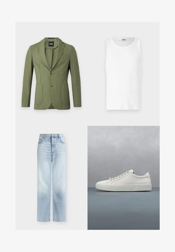 Olijfgroene getailleerde mannenblazer met notch lapels, twee knopen, twee voorzakken en een borstzak.; Witte katoenen mouwloze tanktop met een ronde halslijn en een gladde textuur. Eenvoudig ontwerp, geen patronen of accenten.; Lichtblauwe, hoog getailleerde, rechte jeans met voorzakken, riemlussen en een knoopsluiting.; Witte leren sneaker met een ronde neus, minimalistisch ontwerp, grijze veters en een gestructureerde grijze rubberen zool. Fijne stikdetails zichtbaar.