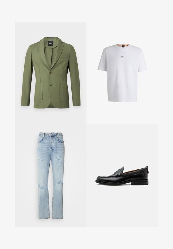 Olijfgroene getailleerde mannenblazer met notch lapels, twee knopen, twee voorzakken en een borstzak.; Witte katoenen T-shirt met korte mouwen, voorzien van een zwart "BOSS"-logo in het midden van de borst en een ronde halsontwerp.; Licht gewassen denim jeans met een ontspannen pasvorm, voorzien van versleten plekken en rafelige randen. De stof heeft een zachte, gladde textuur.; Zwarte leren herensloffen met moc toe stiksel, pennyriem, gestructureerde kraag en lage gestapelde hak op witte achtergrond.