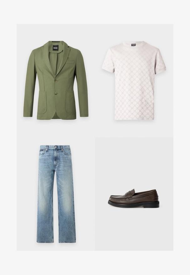Olijfgroene getailleerde mannenblazer met notch lapels, twee knopen, twee voorzakken en een borstzak.; Lichtgrijs T-shirt met een subtiel textuurpatroon, ronde hals en korte mouwen. Gemaakt van zacht katoen.; Lichtblauwe denim jeans met rechte pijpen, een hoge taille, vijf zakken, knoopsluiting en subtiele vervaging op de dijen en knieën.; Bruine leren loafer met een gestikte detail op de neus, platte zool en een lage gestapelde hak. Gladde textuur met minimalistische designelementen.
