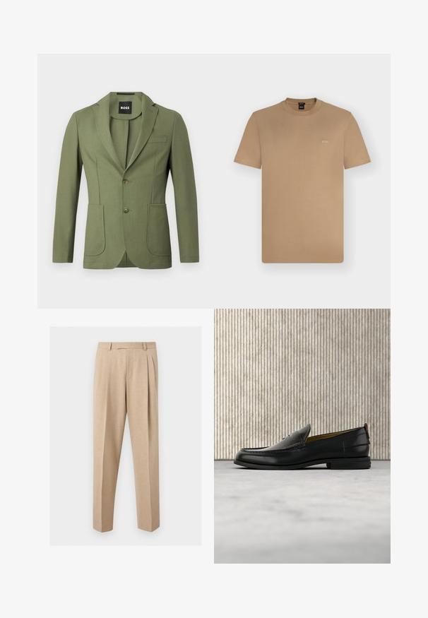 Blazer pour homme de couleur vert olive, ajusté, avec revers en pointe, deux boutons, deux poches plaquées à l'avant et une poche poitrine à rabat.; T-shirt marron clair à manches courtes et col rond avec petit logo blanc "BOSS" sur la poitrine gauche, présenté sur un fond uni clair.; Pantalon beige sur mesure avec plis sur le devant, passants de ceinture et jambes droites, présenté sur un fond clair et uni.; Mocassin pour homme en cuir noir avec un dessus embossé effet croco et un petit talon, présenté de profil sur un fond neutre.