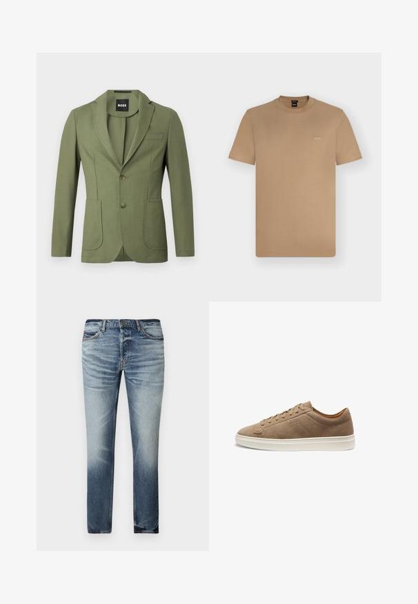 Olijfgroene getailleerde mannenblazer met notch lapels, twee knopen, twee voorzakken en een borstzak.; Tan korte mouwen T-shirt met ronde hals en klein wit "BOSS"-logo op de linkerborst, afgebeeld op een eenvoudige lichte achtergrond.; Lichtblauwe spijkerbroek met een rechte snit, lichte vervaging en whiskering-effecten, vijf zakken en een veilige knoopsluiting.; Beige suède sneaker met lage enkel, vetersluiting aan de voorkant en witte rubberen zool, zijaanzicht, minimale stiksels en gegraveerd merkembleem.