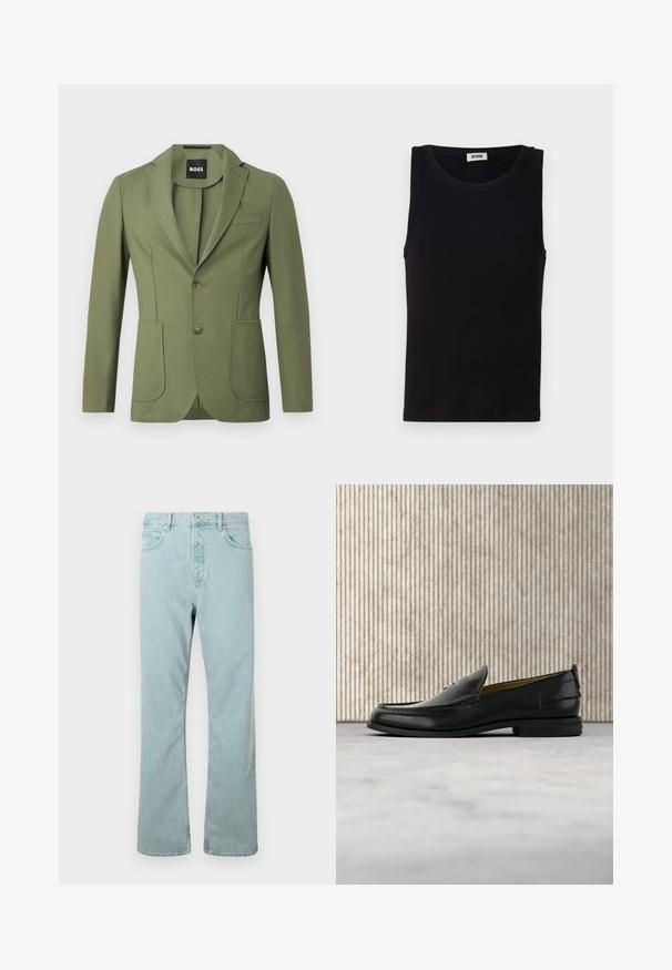 Olivenfarvet skræddersyet herreblazer med notch-lapel, to knapper, to forreste påsatte lommer og en brystlomme med welt.; Sort sansædet tanktop lavet af blød bomuld. Har en rund halsudskæring og lige pasform, med minimal syningdetalje.; Lysblå denimjeans med lige ben, fem lommer og en enkelt knaplukning. Afsluttet med diskrete syninger.; Sort læder herreloafer med krokodillepræget forstykke og lav hæl, vist i profil på en neutral baggrund.