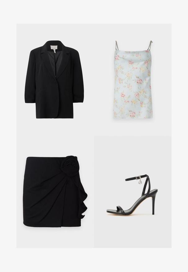 Blazer noir à un bouton avec revers crantés et deux poches passepoilées à l’avant, présenté sur un fond uni gris clair.; Rabanne Débardeur - pink/blue/green/yellow; Jupe mini noire en tissu doux avec un design plissé. Présente un accent en forme de rose en tissu sur le côté et un ourlet à volants.; Sandale à talon haut noire avec une bride étroite à la cheville, bout carré, cuir lisse et accent de boucle métallique.