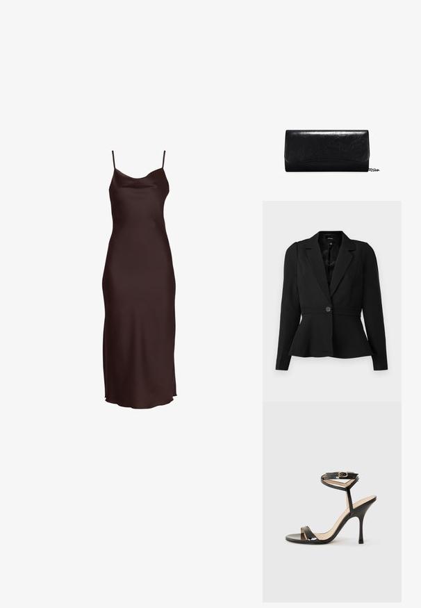 Blazer negro a medida con una cintura ajustada, mangas largas, cierre de un solo botón y dobladillo peplum. Tejido suave con un diseño clásico.; Vestido de satén color marrón oscuro sin mangas, con tirantes finos de espagueti y una silueta recta hasta el suelo.; Sandalia de tacón alto de charol negro con tira delgada en el tobillo y hebilla, punta abierta y tacón aguja esbelto sobre fondo blanco.; Clutch de cuero negro con una textura suave, forma rectangular y detalles con borde en la parte delantera. Incluye una correa de cadena desmontable.
