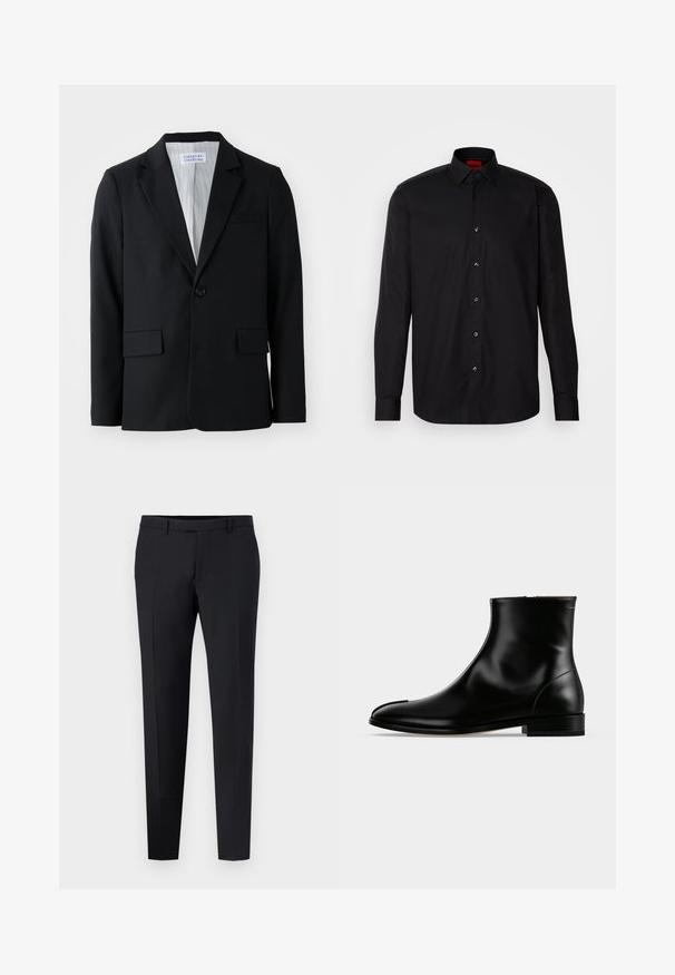 Blazer noir en tissu texturé avec une fermeture à un bouton, des revers crantés et trois poches, y compris une poche poitrine.; Chemise noire à manches longues en tissu lisse, avec un col classique, un fermeture à boutons à l'avant et une coupe ajustée.; Pantalons noirs ajustés avec une coupe slim, présentant un devant plat, des passants de ceinture et aucune motif ou accent visible. Texture lisse.; Bottine en cuir noir poli avec un petit talon et une fermeture éclair latérale, design épuré et lisse sur un fond clair uni.