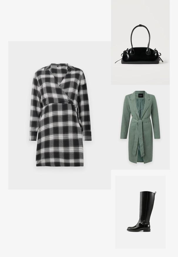 Manteau vert texturé à manches longues, col à crans et ceinture à nouer à la taille. Ouvert à l'avant avec une doublure intérieure contrastante.; Robe portefeuille à carreaux noir et blanc avec des manches longues, décolleté en V et un lien à la taille. Tissu doux avec un motif à carreaux dans tout le vêtement.; Bottes noires montantes en cuir verni, avec un détail de boucle argentée à la cheville et une conception à bout arrondi. Semelle plate.; Petit sac à main noir brillant avec deux longues anses et des détails à cordon sur les côtés sur un fond clair uni.